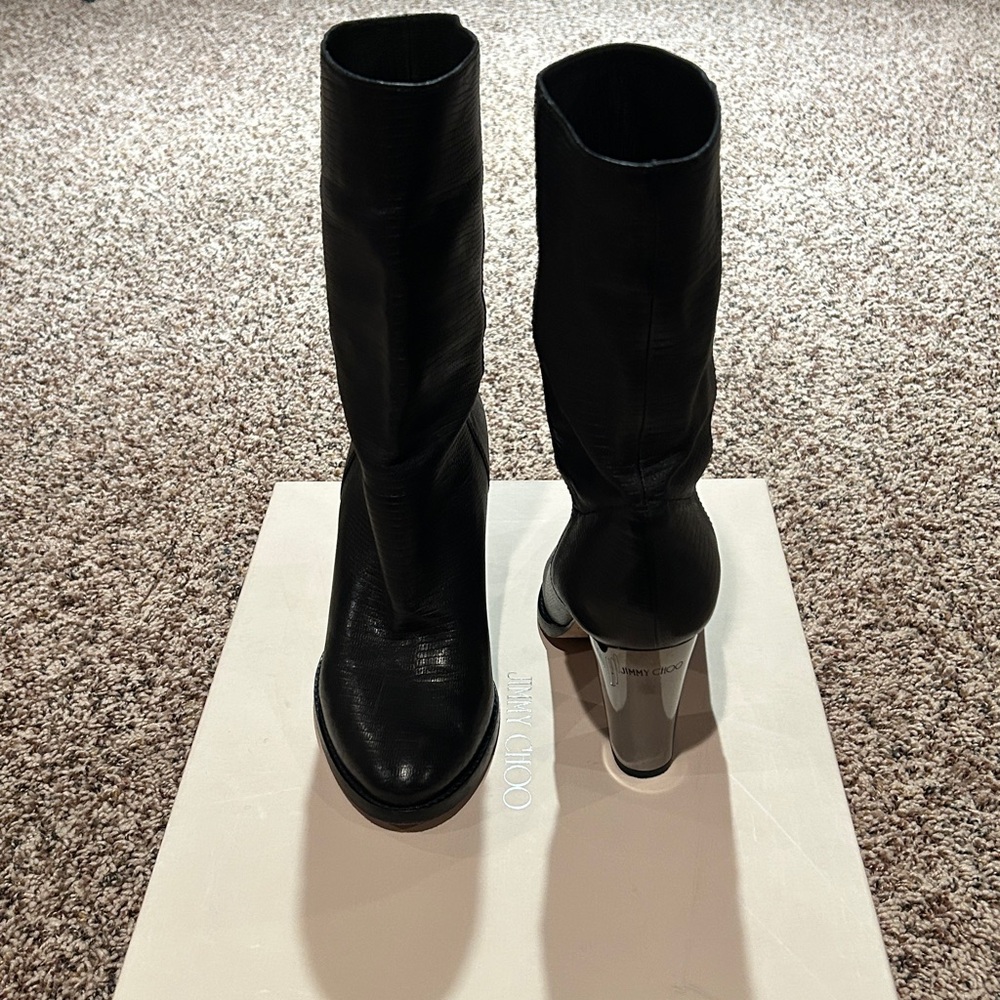 Jimmy Choo Articolo Embossed Print Black Boots 37.5 Black Mirrored Heel Like New - Picture 8 of 11